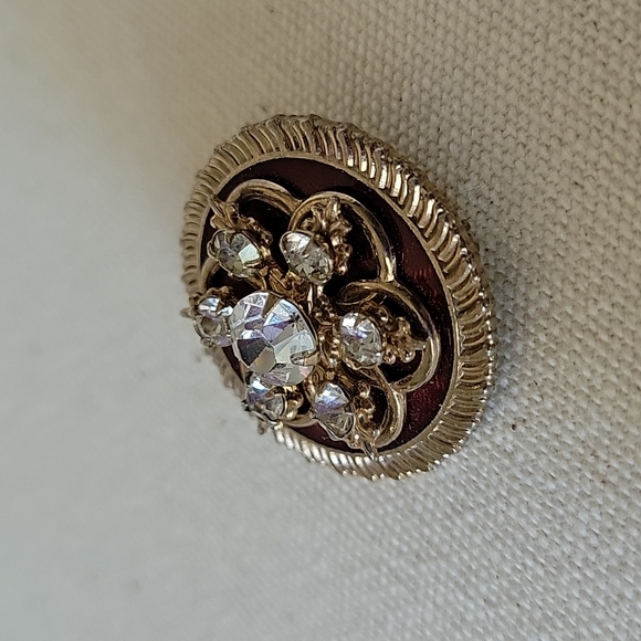 Vintage Round Gold Brown Rhinestone Brooch - Picture 3 of 12